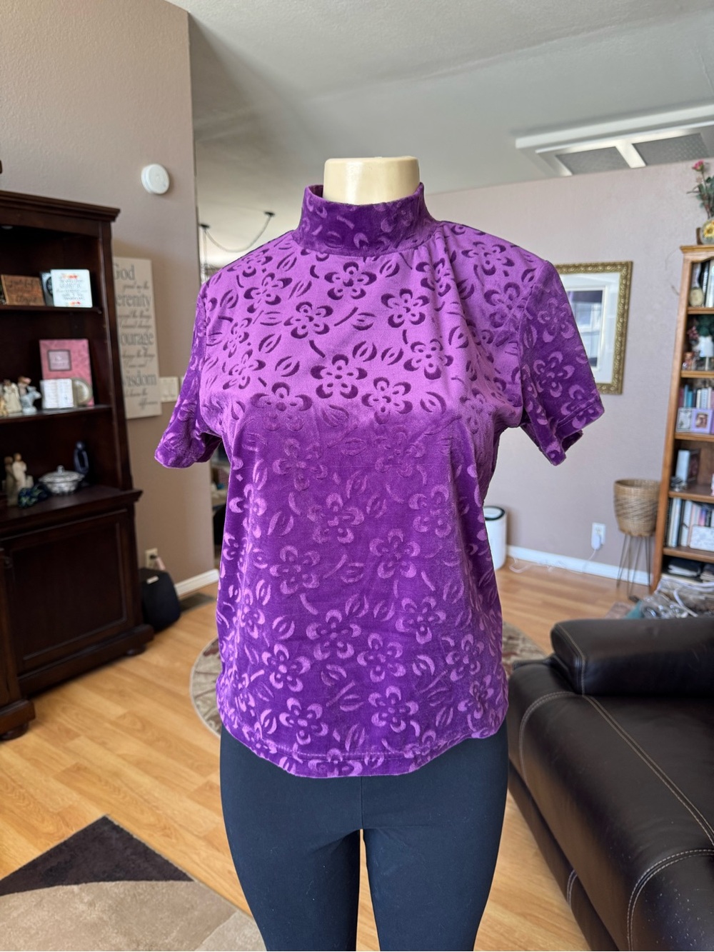 Impressions purple velvet floral burnout mock neck top-size M